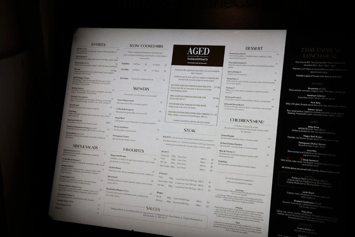 Menu, The Meat & Wine Co Sydney CBD Castlereagh St