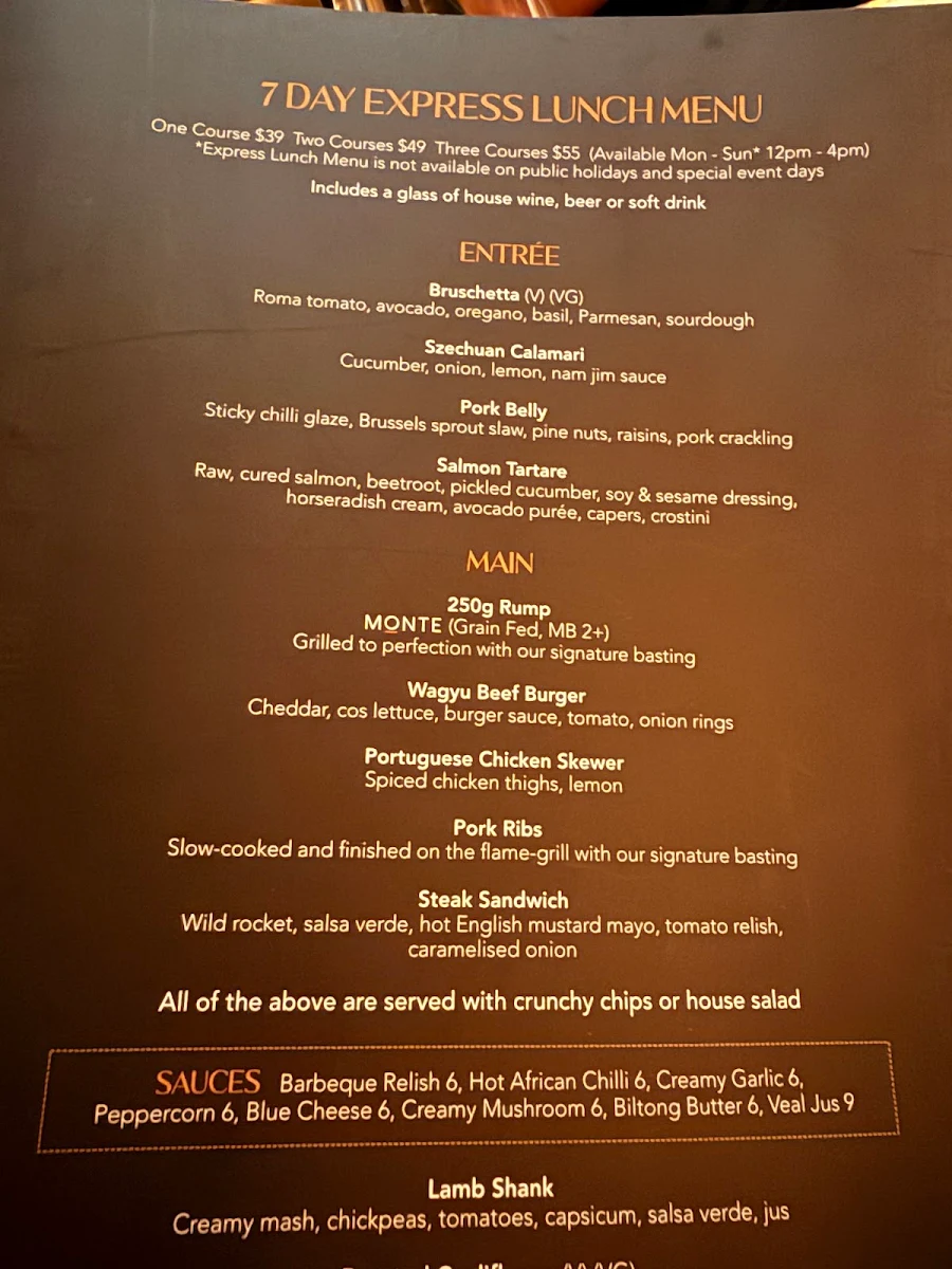 Menu, The Meat & Wine Co Sydney CBD Castlereagh St