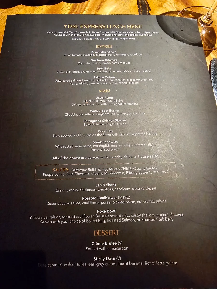 Menu, The Meat & Wine Co Sydney CBD Castlereagh St