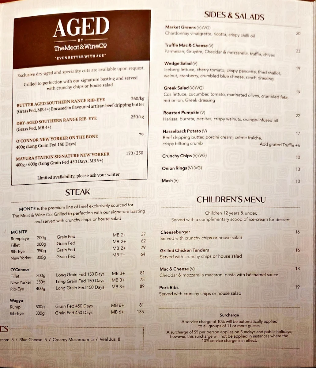 Menu, The Meat & Wine Co Sydney CBD Castlereagh St
