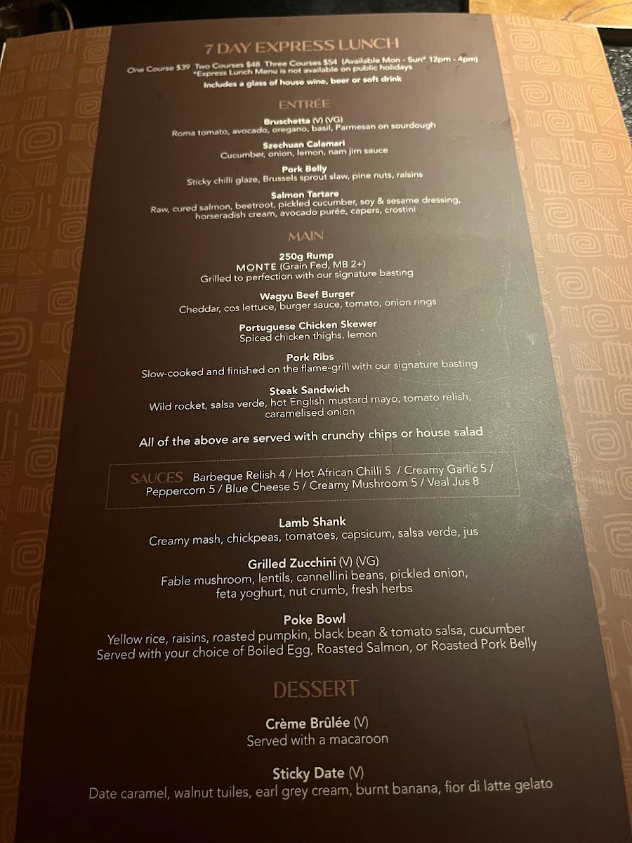 Menu, The Meat & Wine Co Sydney CBD Castlereagh St