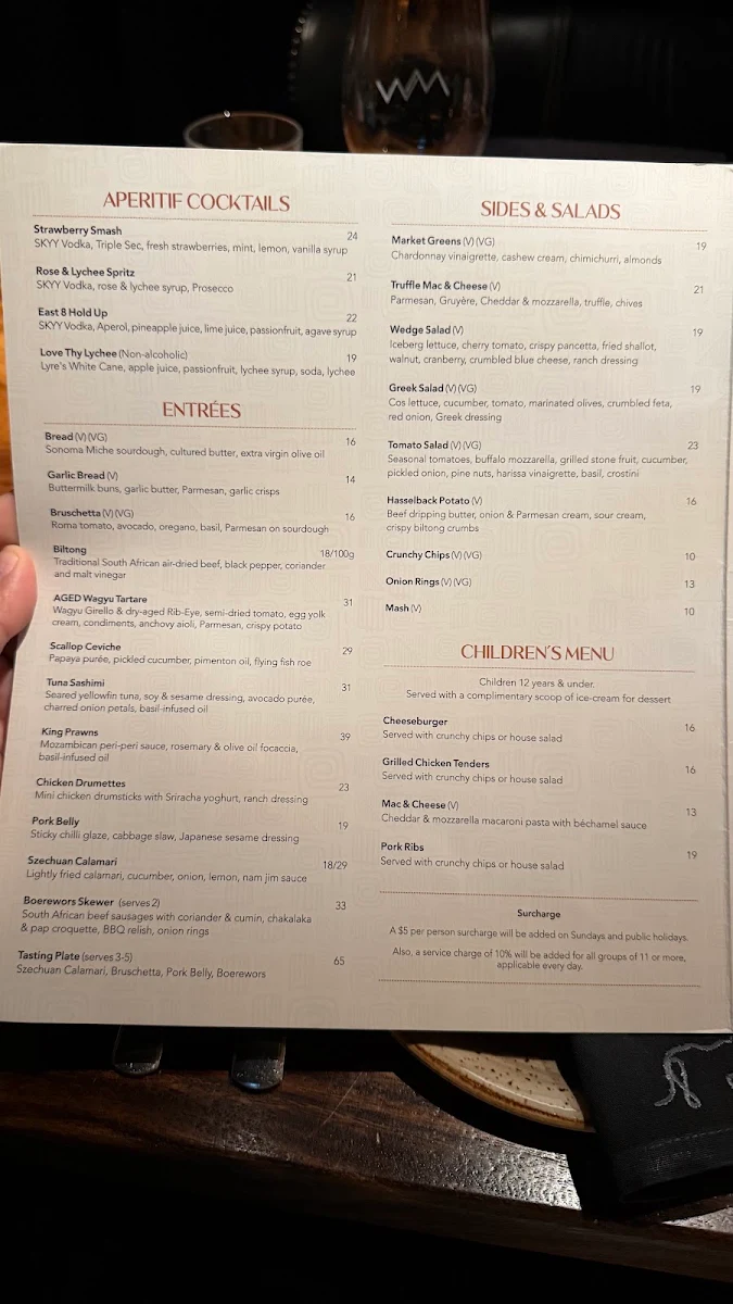 Menu, The Meat & Wine Co Sydney CBD Castlereagh St