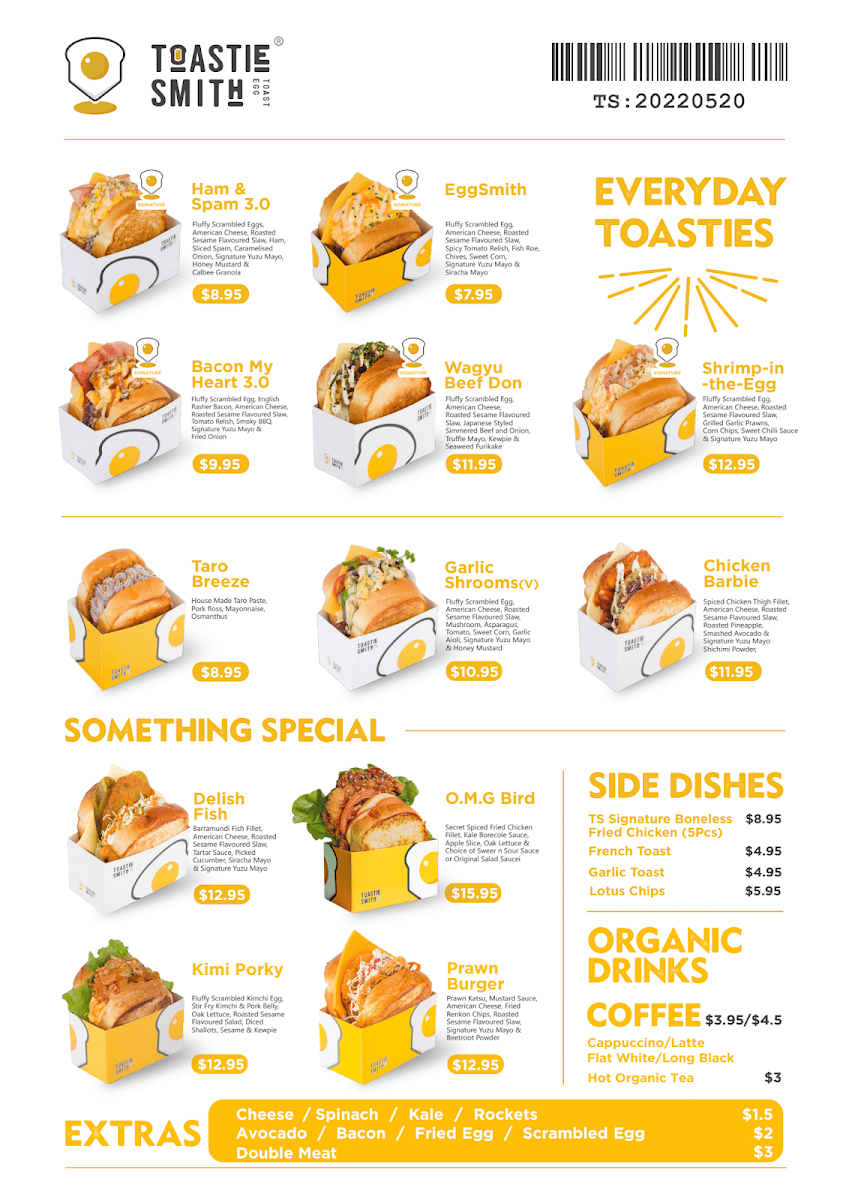 Menu, Toastiesmith Macquarie Centre
