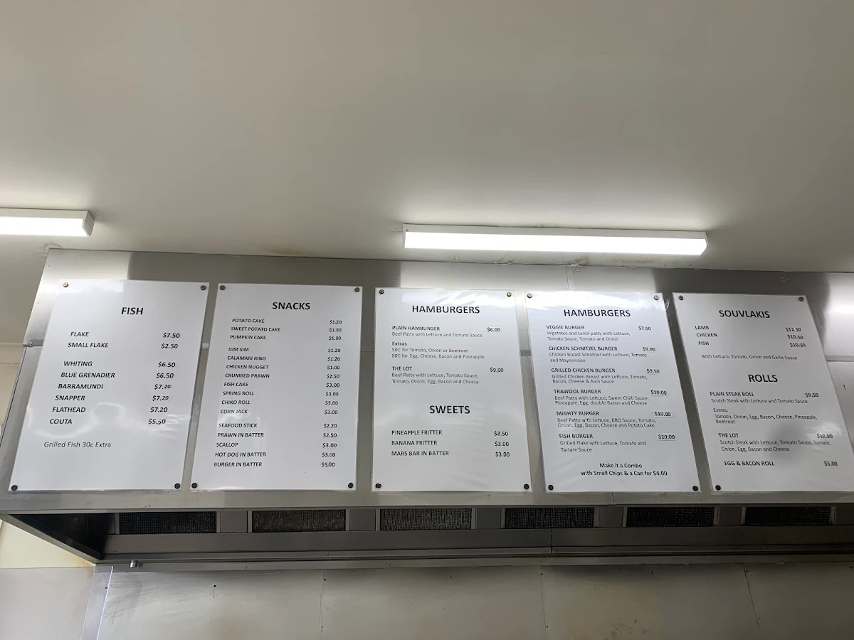 Menu, Trawool Fish & Chips