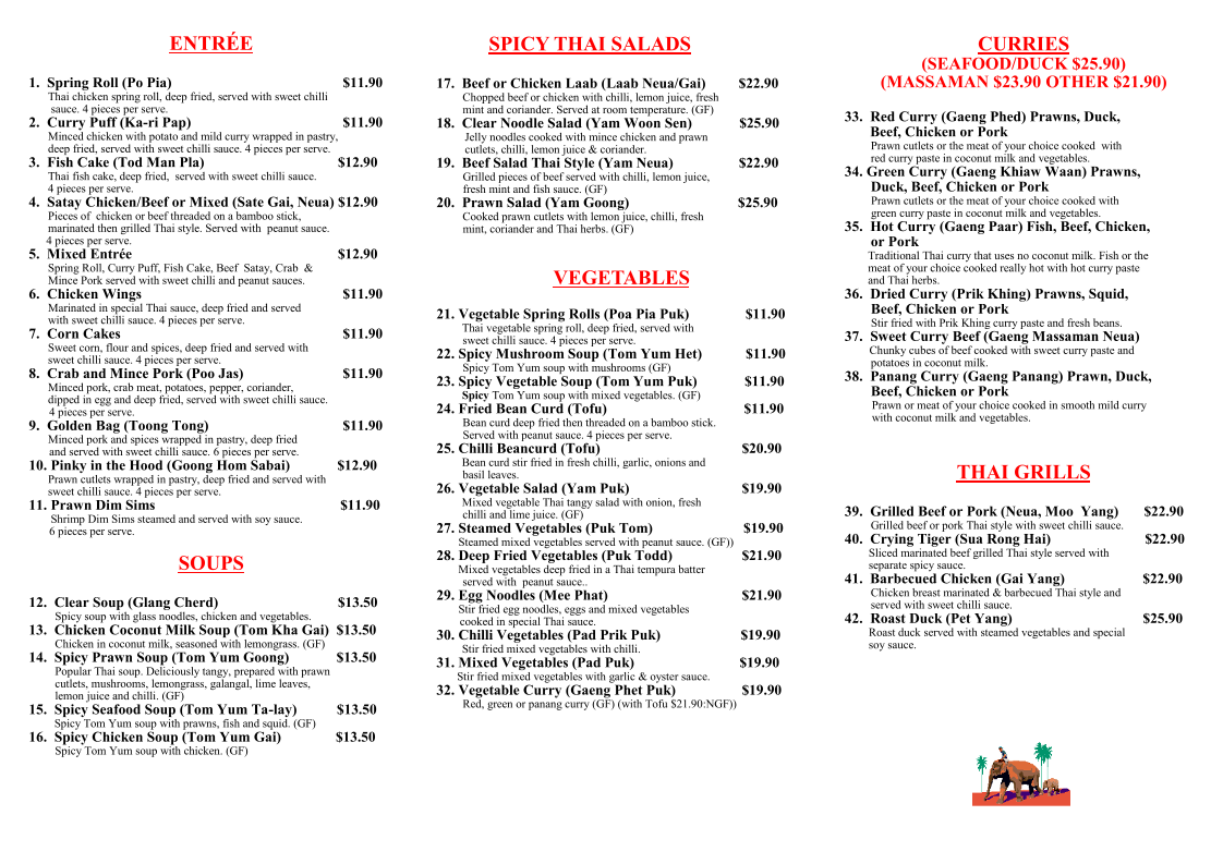 Menu, Mariam's Thai Restaurant