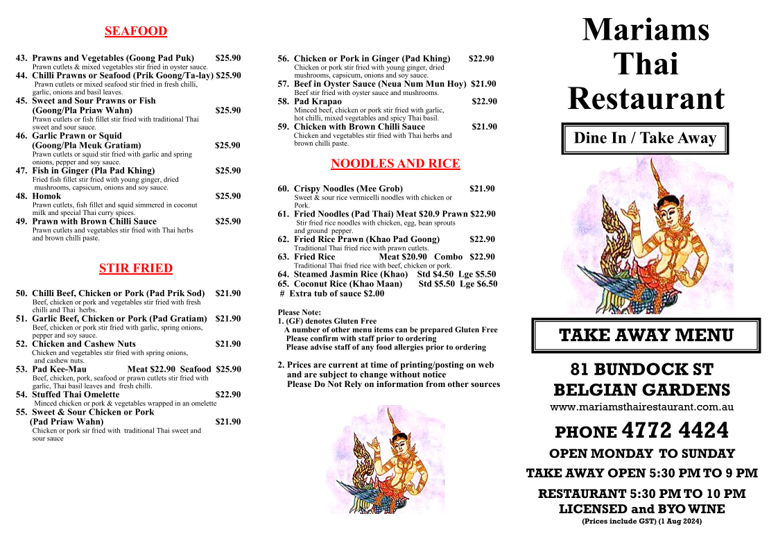 Menu, Mariam's Thai Restaurant