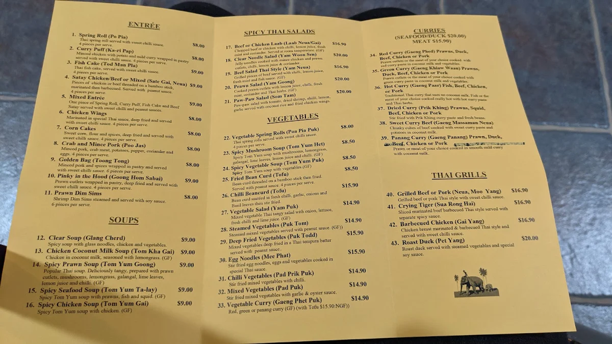 Menu, Mariam's Thai Restaurant