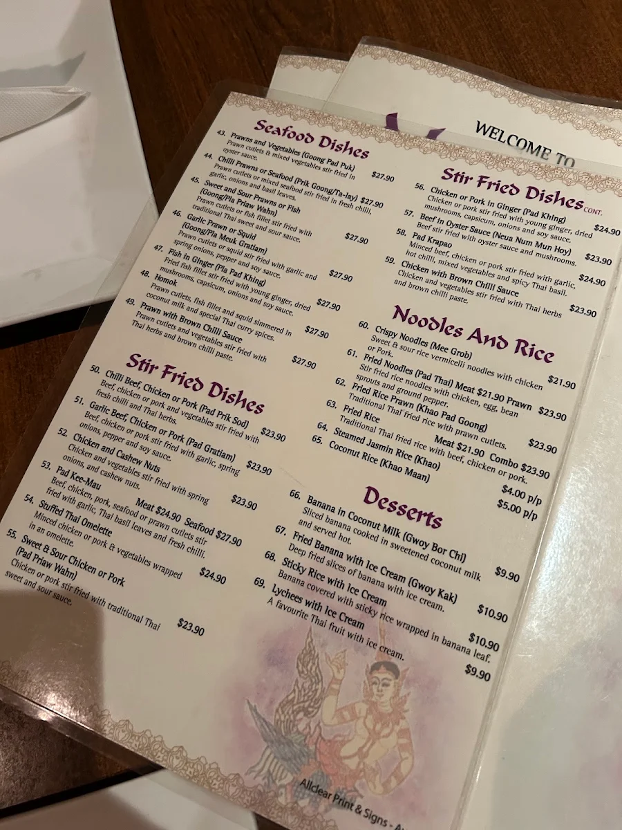 Menu, Mariam's Thai Restaurant