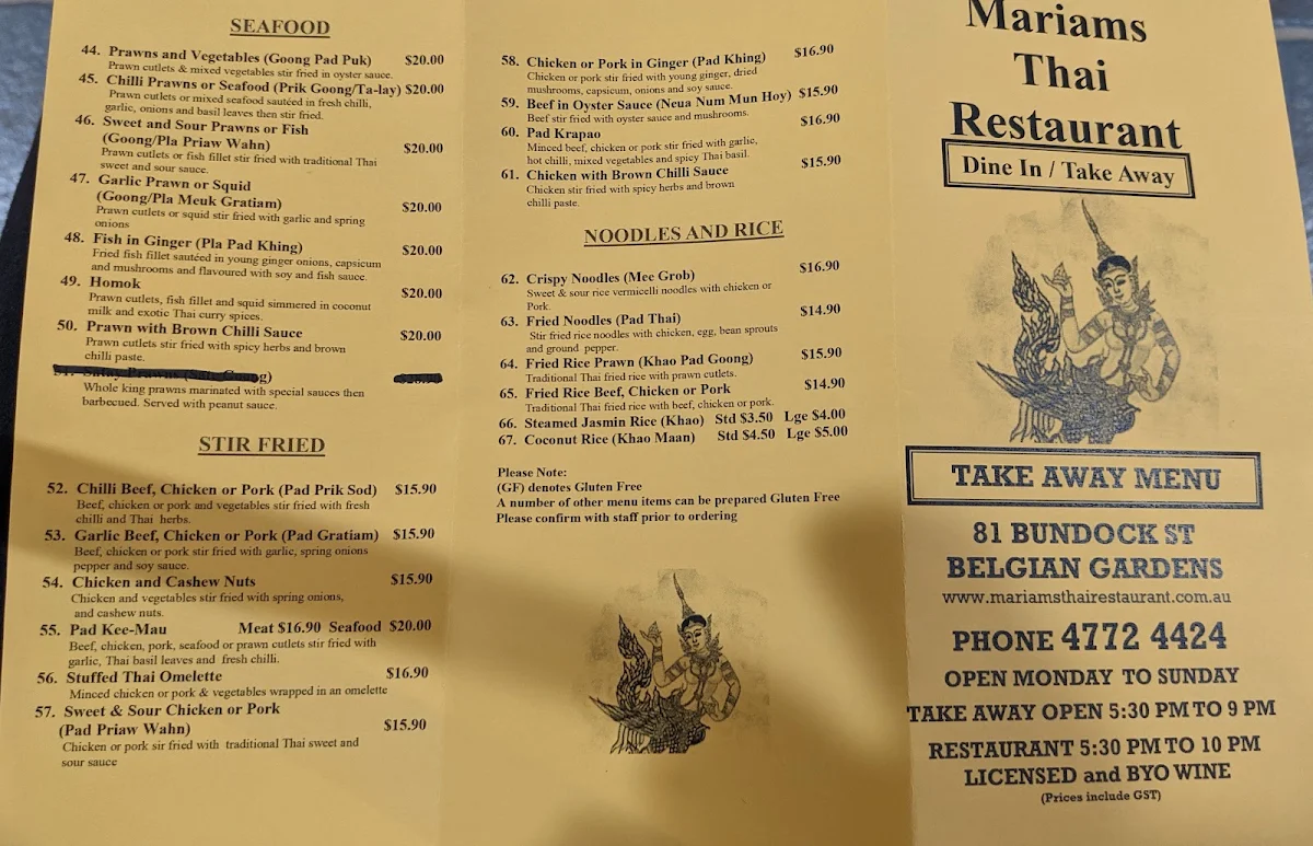 Menu, Mariam's Thai Restaurant