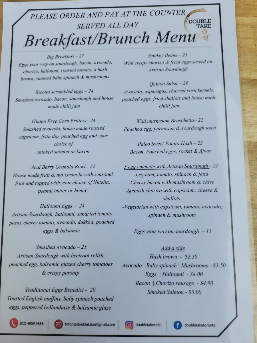 Menu, Doubletake Cafe