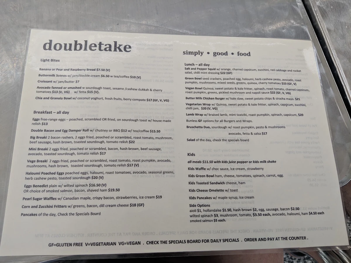 Menu, Doubletake Cafe