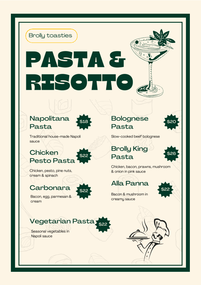 Menu, Brolly Toasties