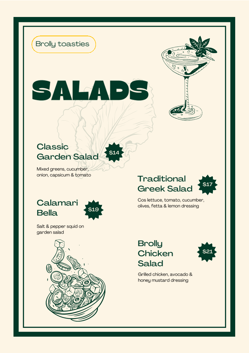 Menu, Brolly Toasties
