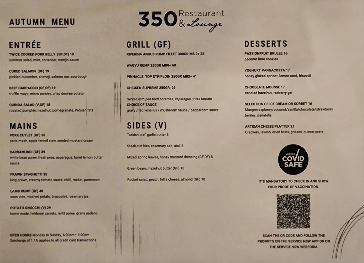Menu, 350 Restaurant & Lounge Parramatta