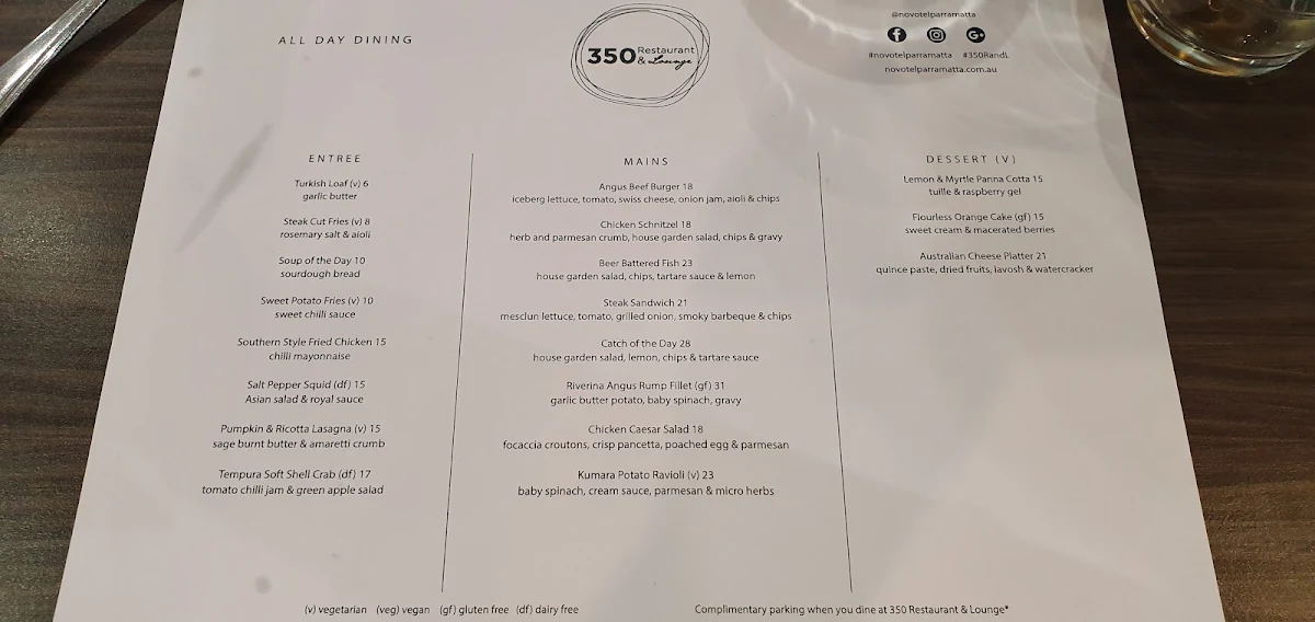 Menu, 350 Restaurant & Lounge Parramatta