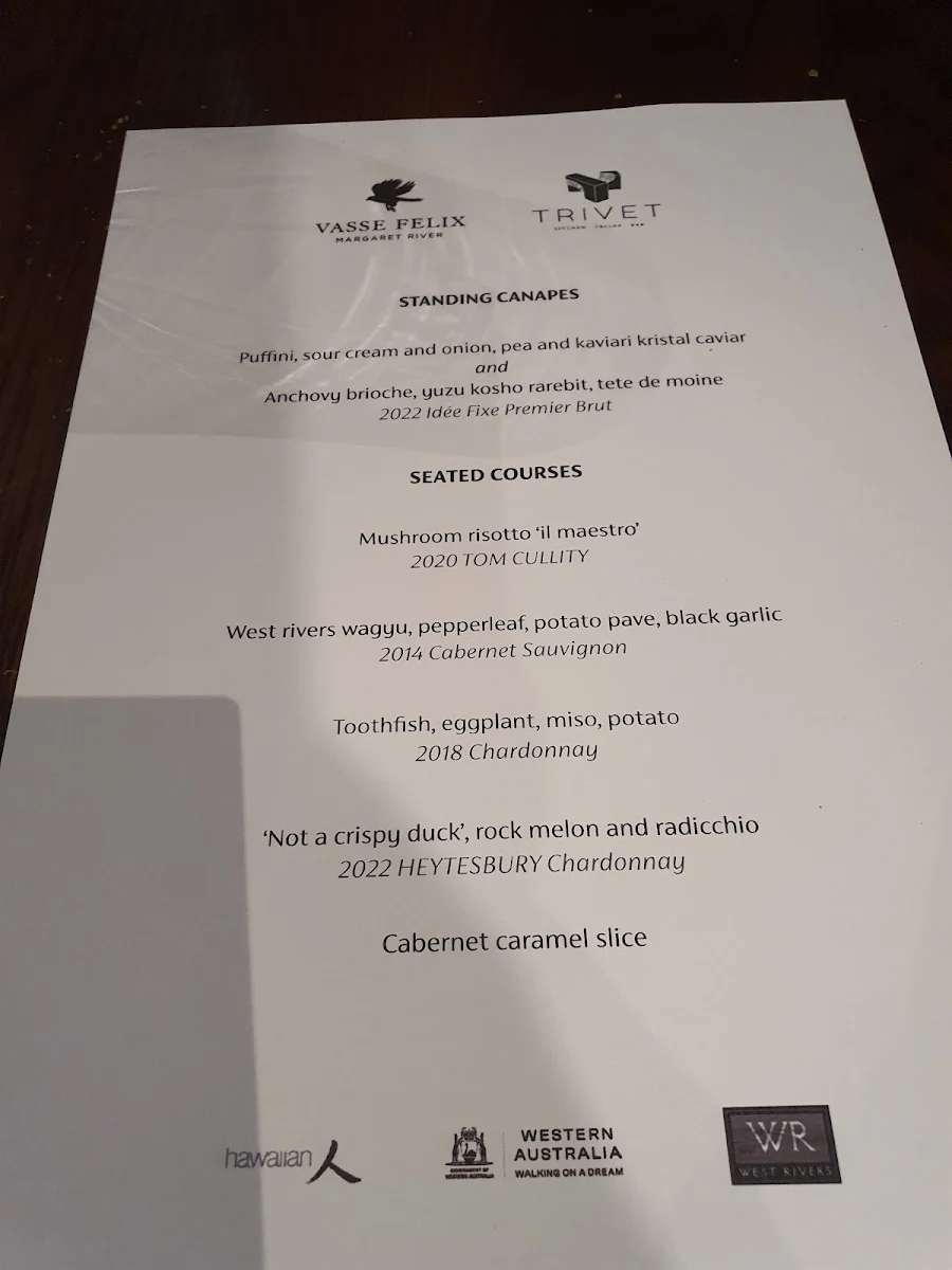 Menu, The Vasse Felix Restaurant
