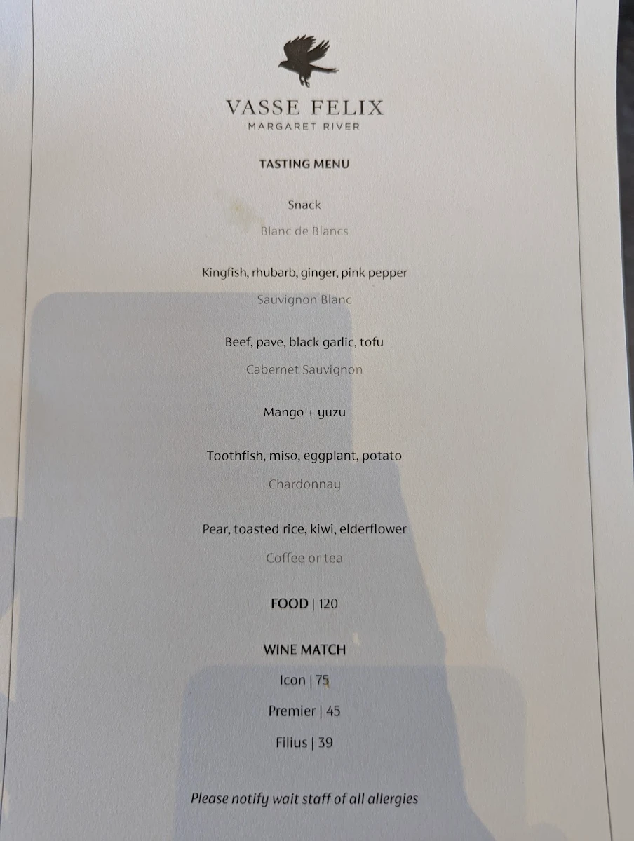 Menu, The Vasse Felix Restaurant