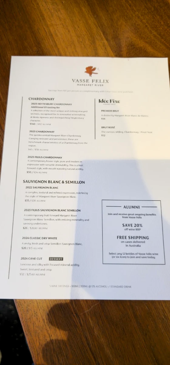 Menu, The Vasse Felix Restaurant