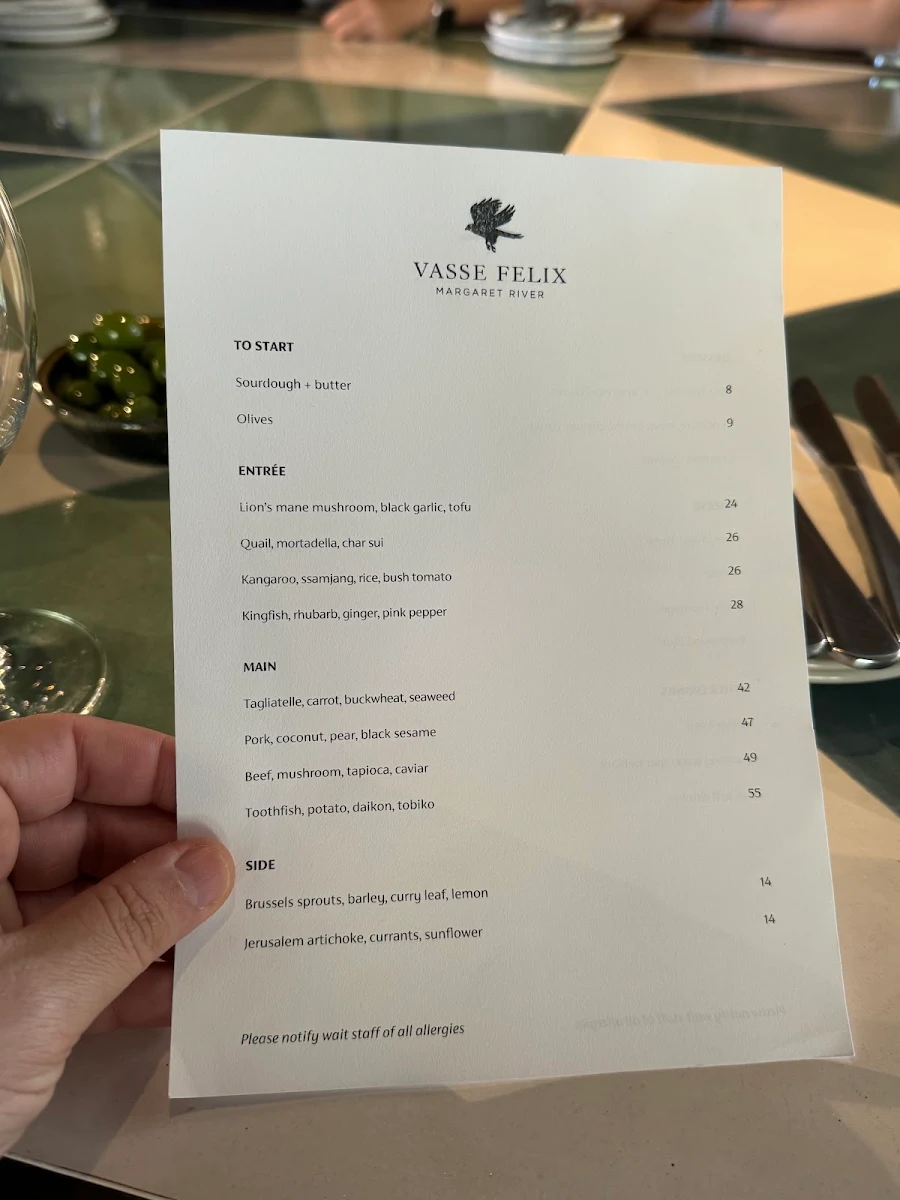 Menu, The Vasse Felix Restaurant