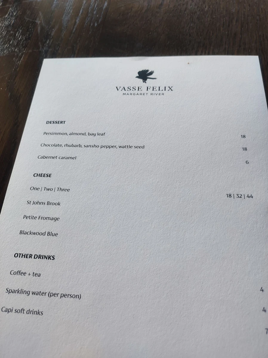 Menu, The Vasse Felix Restaurant