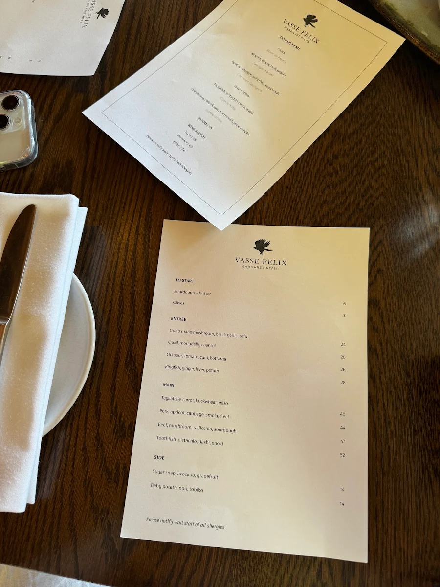 Menu, The Vasse Felix Restaurant