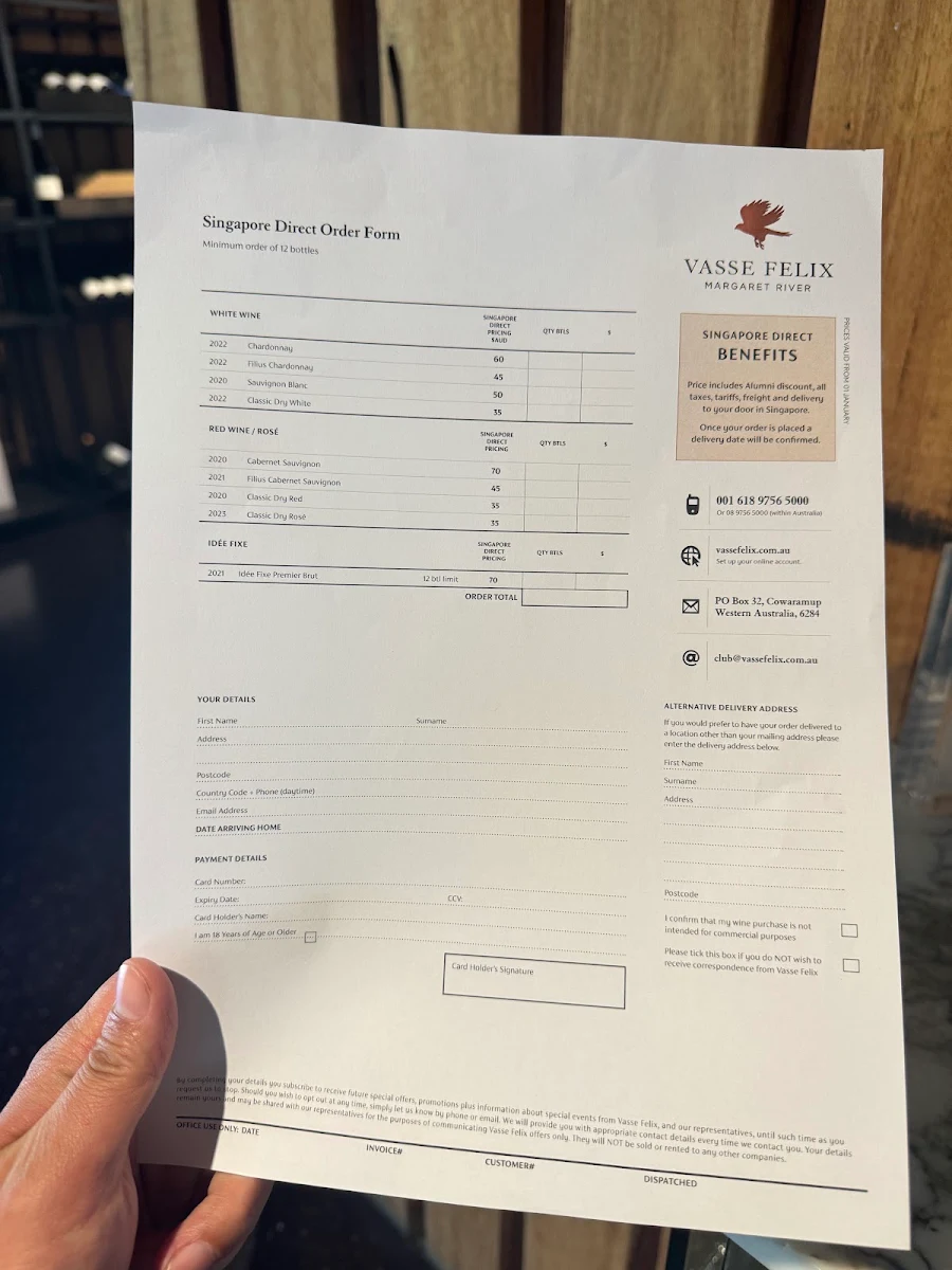 Menu, The Vasse Felix Restaurant