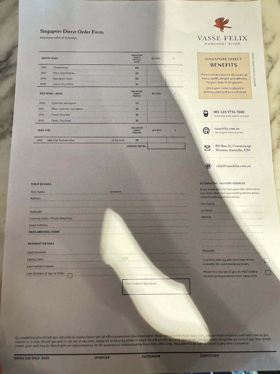 Menu, The Vasse Felix Restaurant