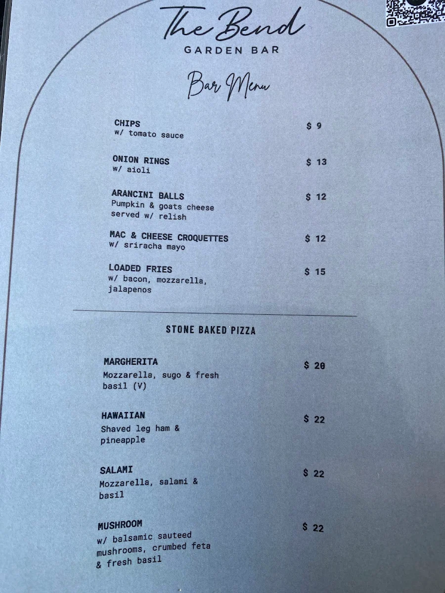 Menu, The bend Garden Bar
