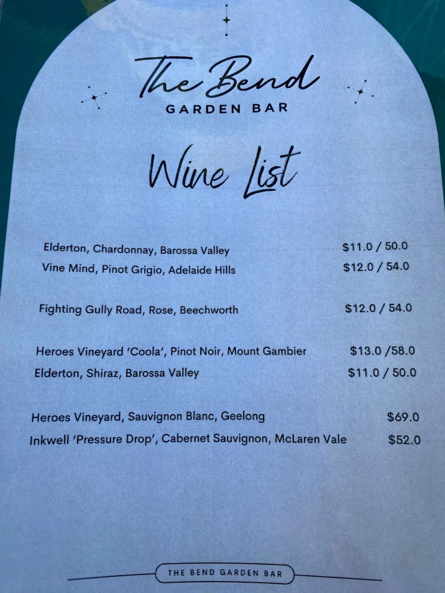 Menu, The bend Garden Bar