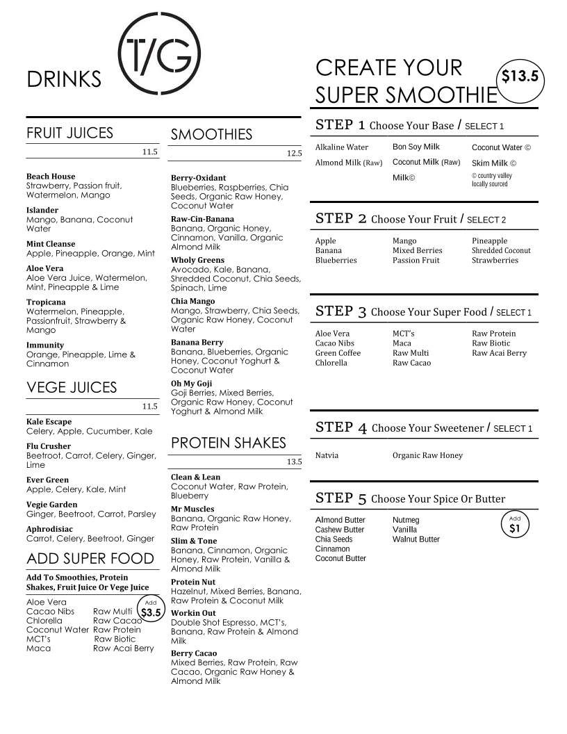 Menu, The Gardens Cafe World Square