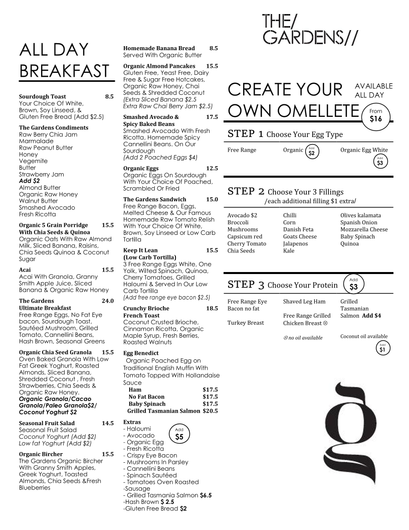 Menu, The Gardens Cafe World Square
