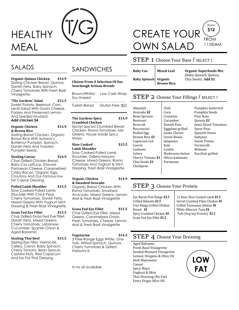 Menu, The Gardens Cafe World Square