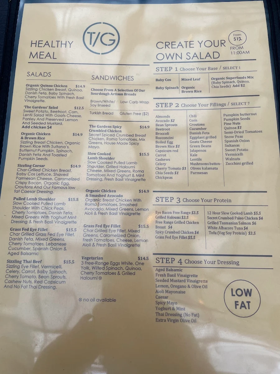 Menu, The Gardens Cafe World Square