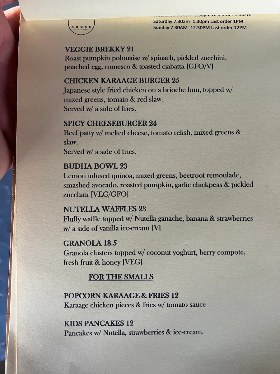 Menu, Goose Specialty Coffee