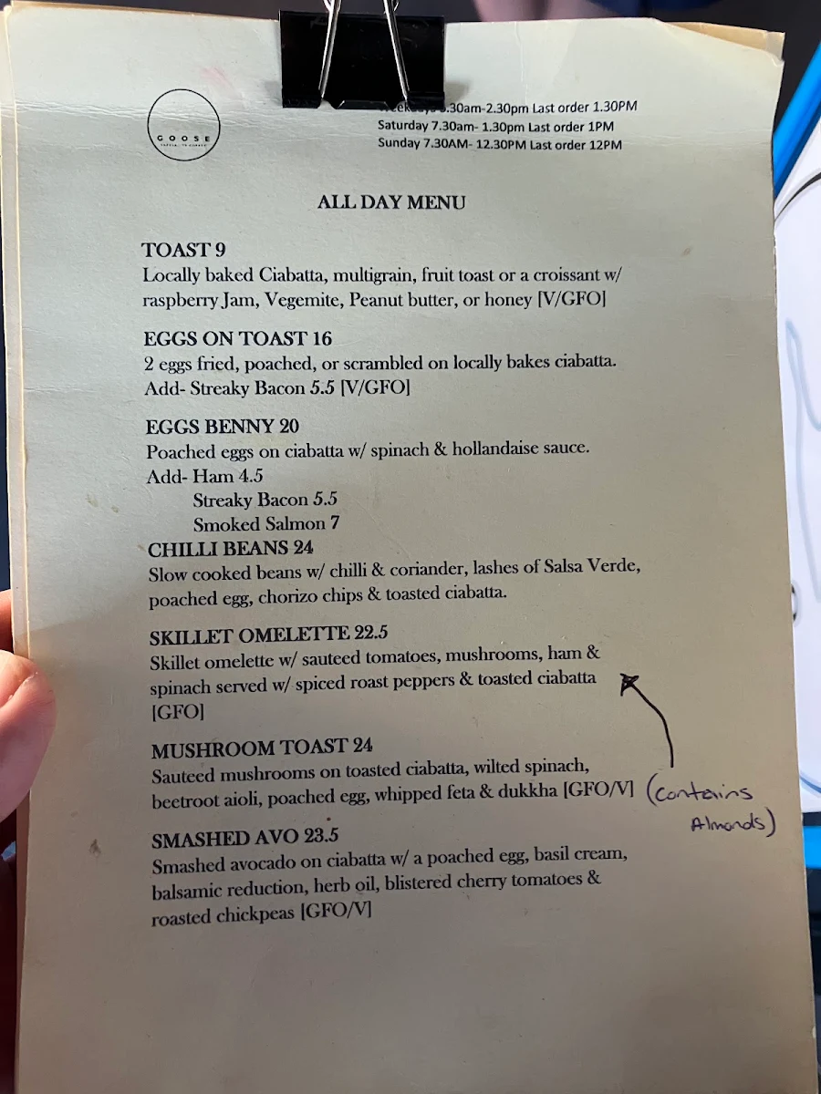 Menu, Goose Specialty Coffee