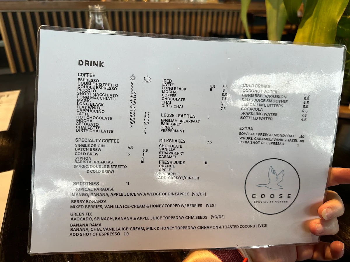 Menu, Goose Specialty Coffee