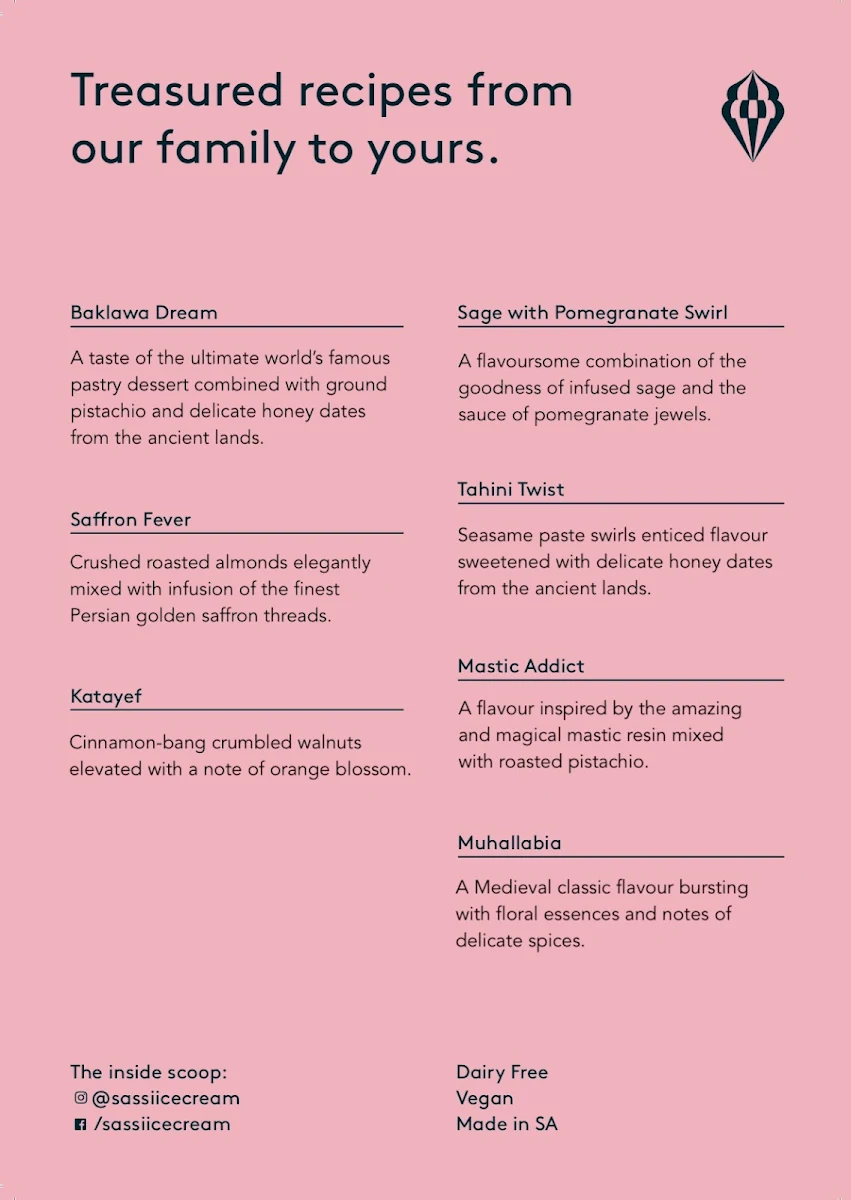 Menu, Sassi Ice Cream