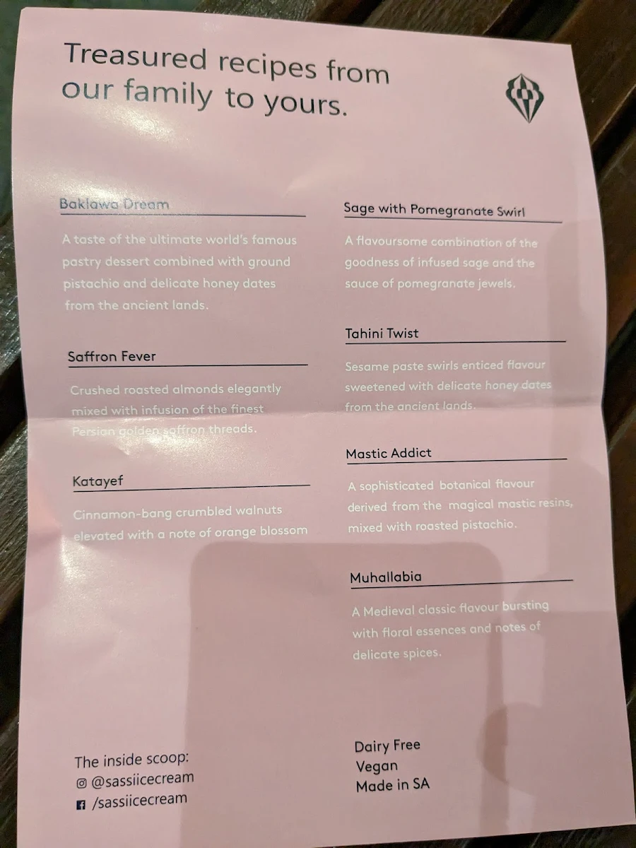 Menu, Sassi Ice Cream