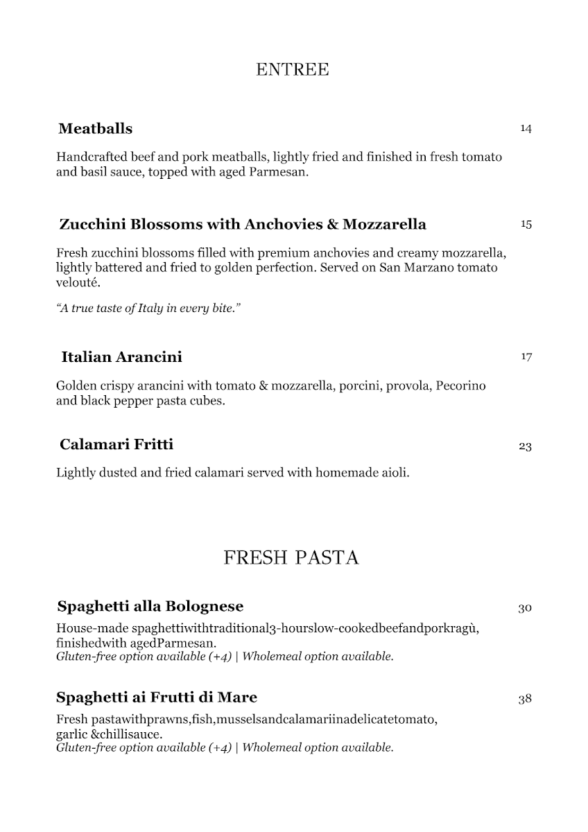 Menu, Villa Alessandra Italian restaurant