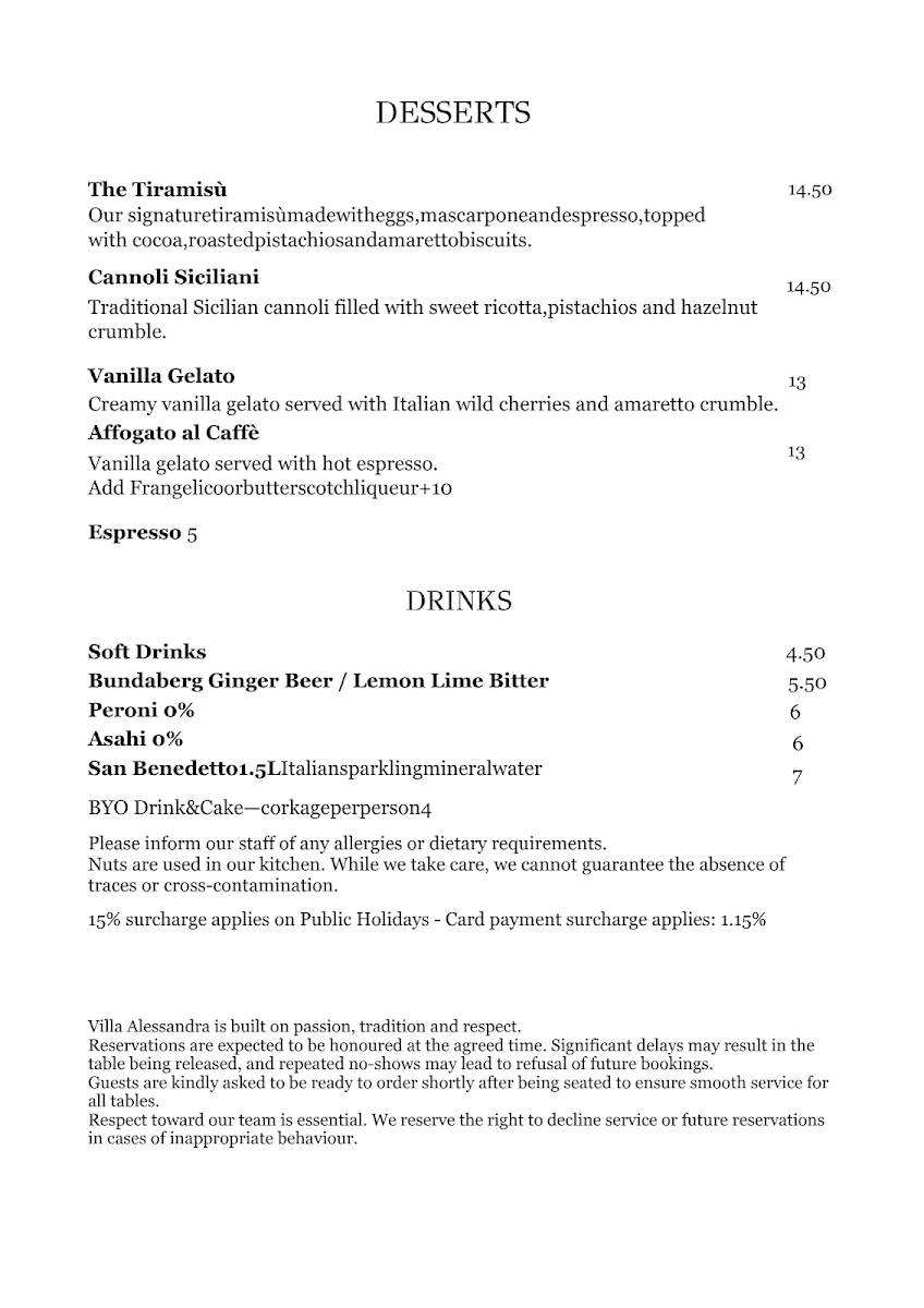 Menu, Villa Alessandra Italian restaurant