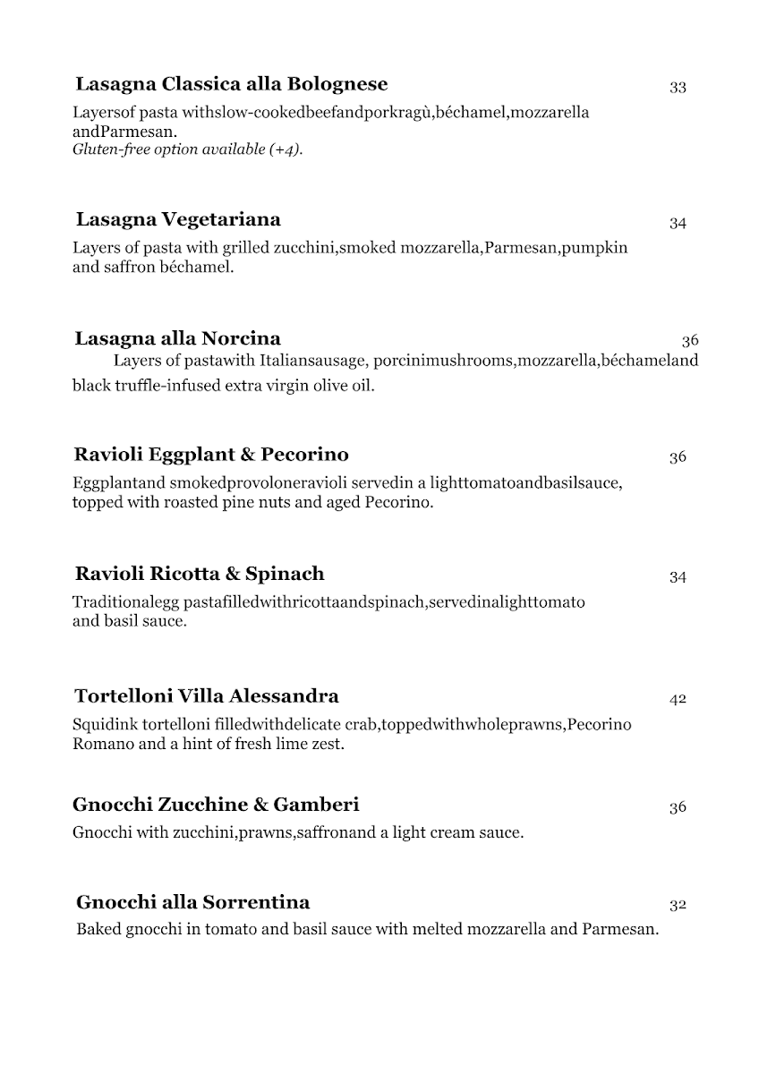 Menu, Villa Alessandra Italian restaurant
