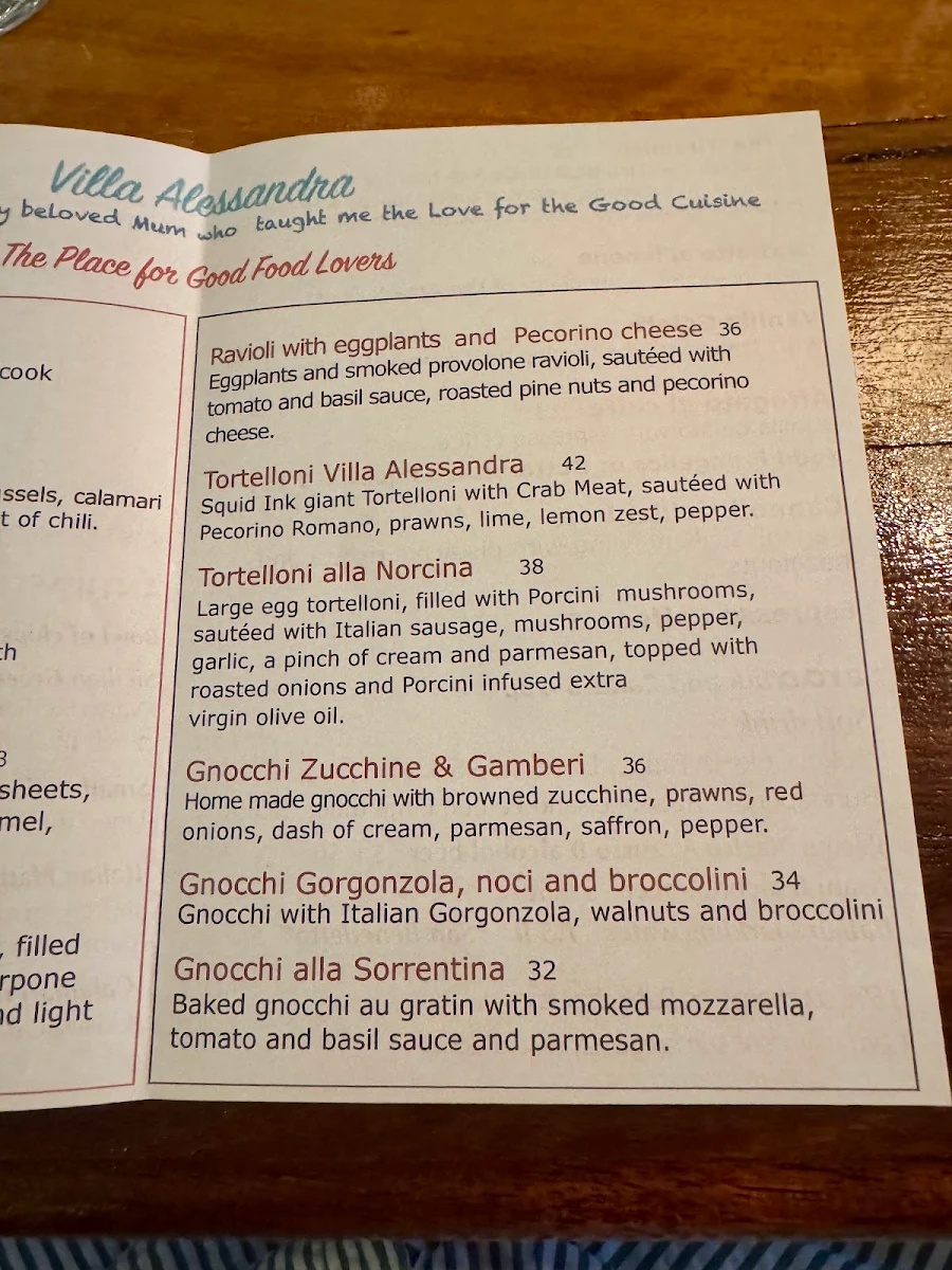 Menu, Villa Alessandra Italian restaurant