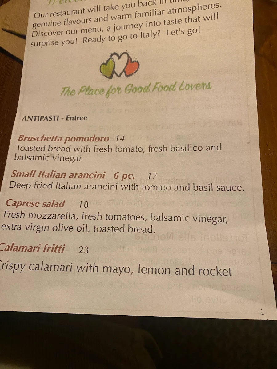 Menu, Villa Alessandra Italian restaurant