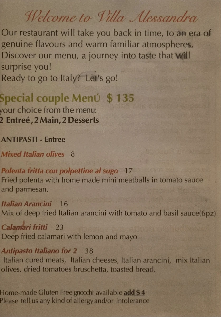 Menu, Villa Alessandra Italian restaurant