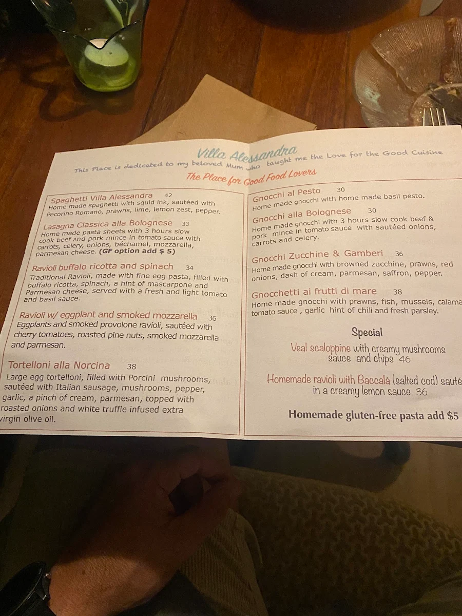 Menu, Villa Alessandra Italian restaurant