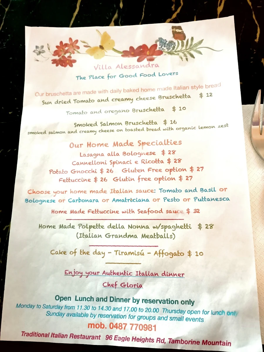Menu, Villa Alessandra Italian restaurant