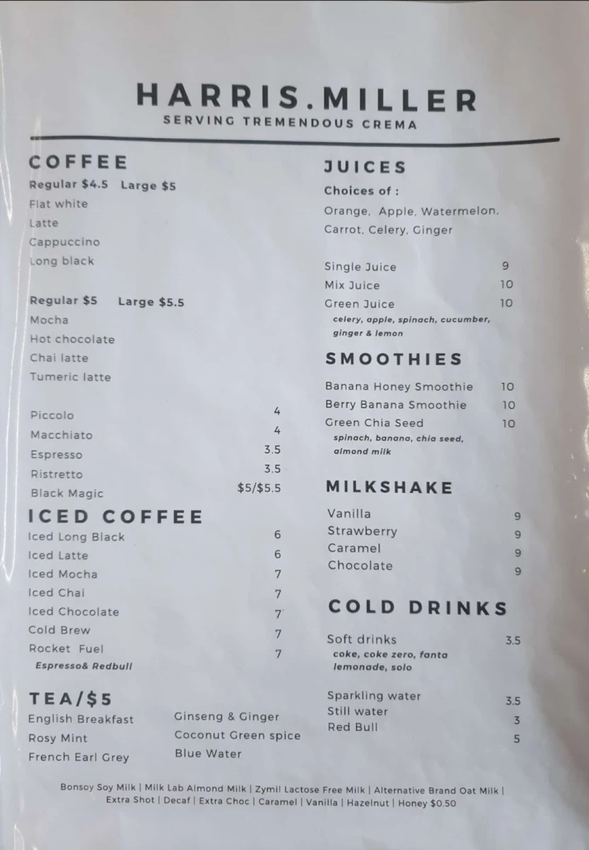 Menu, Harris Miller
