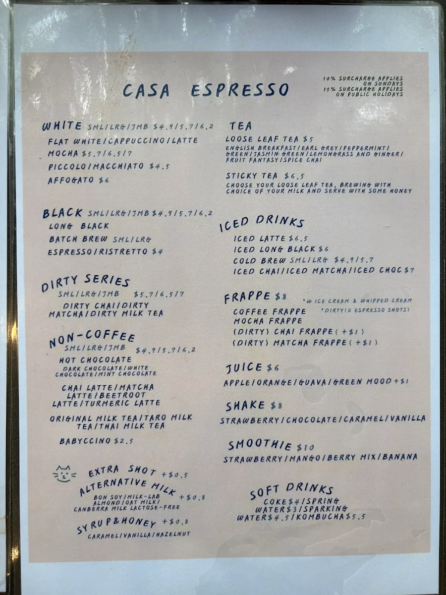 Menu, Casa Espresso