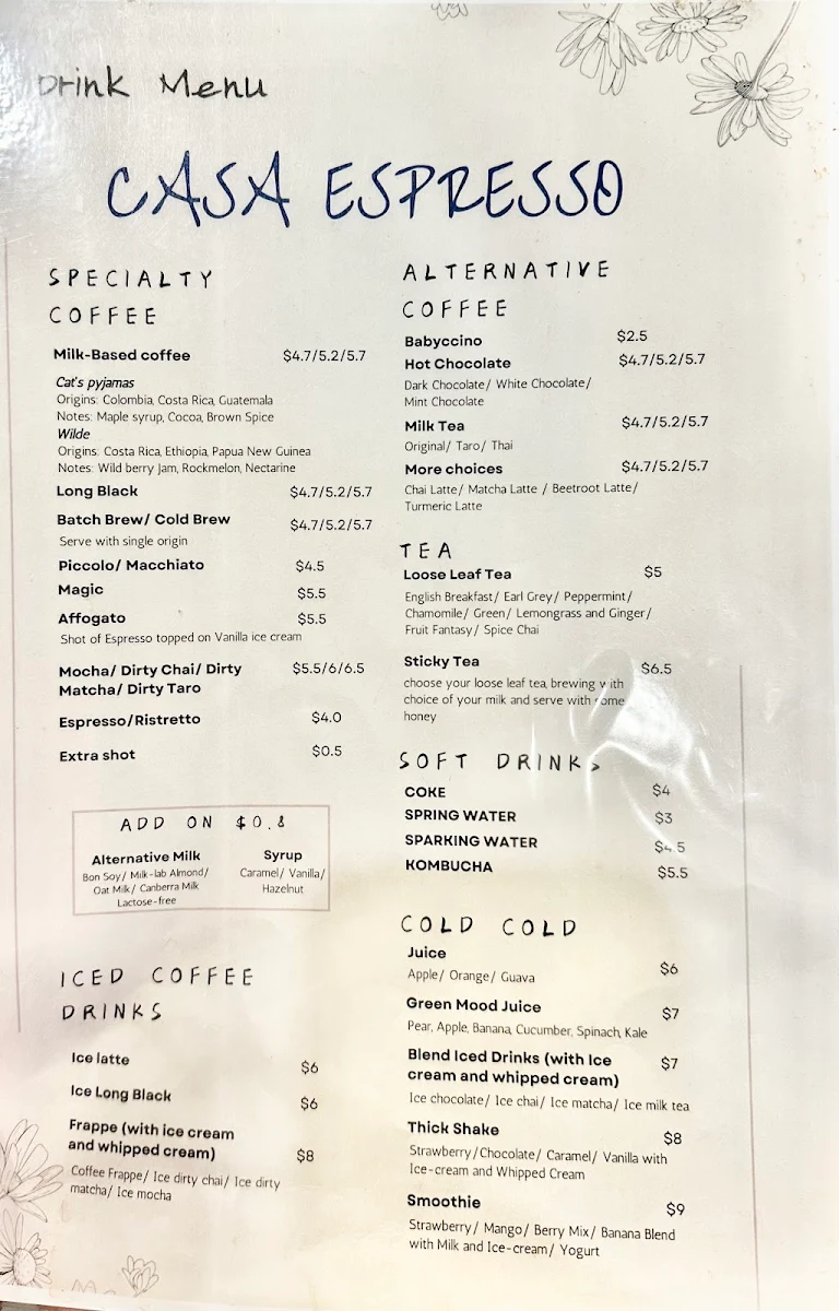 Menu, Casa Espresso