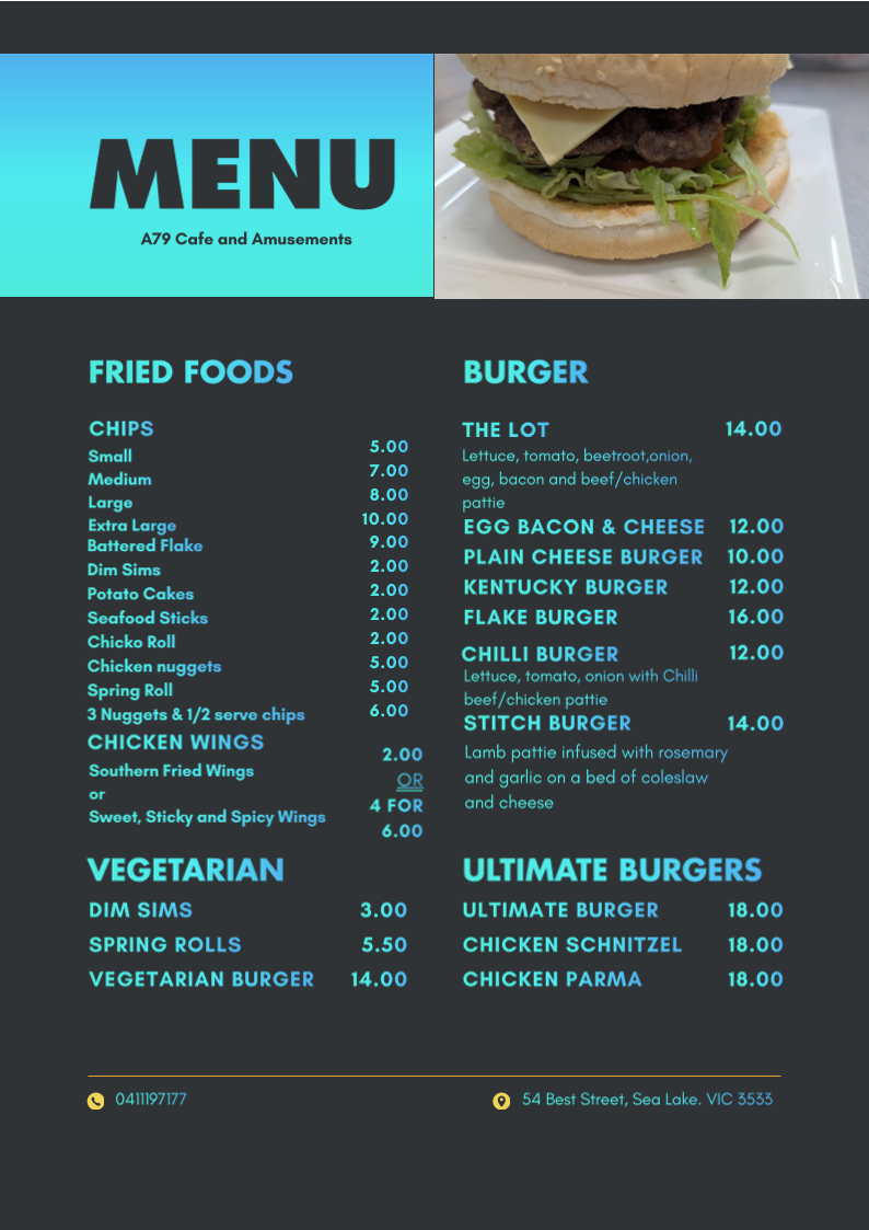 Menu, A79 Cafe And Amusements